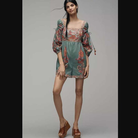New M Farm Rio x Anthropologie puff-sleeve square-neck romper - Picture 1 of 14